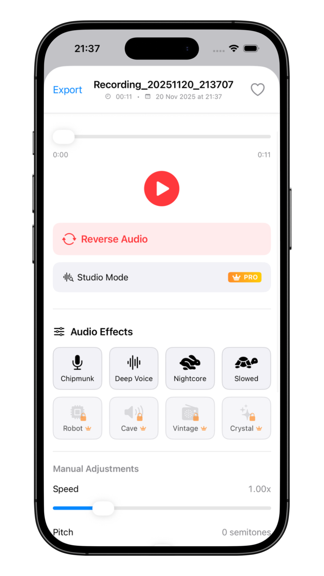 ReverseAudio Effects Screen